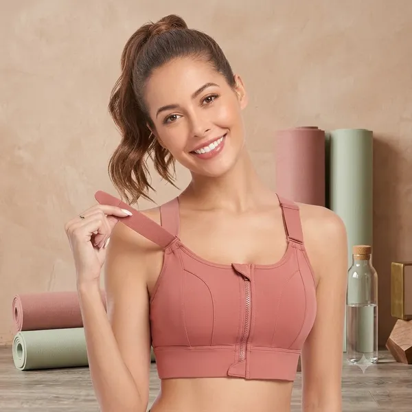 Padded_High_Impact_Front_Zip_Compression_Sports_Bra_Criss_Cross_Back_Adjustable_Velcro_Strap