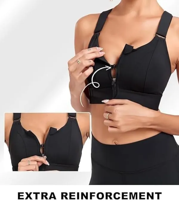 Padded_High_Impact_Front_Zip_Compression_Sports_Bra_Criss_Cross_Back_Adjustable_Velcro_Strap