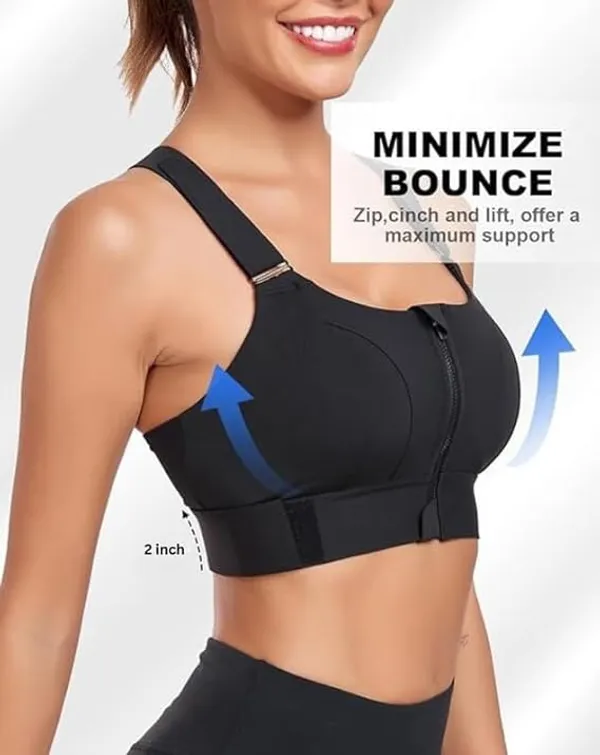 Padded_High_Impact_Front_Zip_Compression_Sports_Bra_Criss_Cross_Back_Adjustable_Velcro_Strap