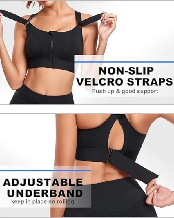 Padded_High_Impact_Front_Zip_Compression_Sports_Bra_Criss_Cross_Back_Adjustable_Velcro_Strap
