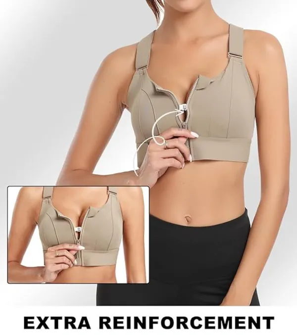 Padded_High_Impact_Front_Zip_Compression_Sports_Bra_Criss_Cross_Back_Adjustable_Velcro_Strap