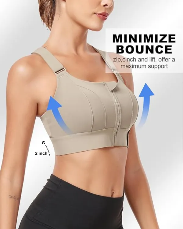 Padded_High_Impact_Front_Zip_Compression_Sports_Bra_Criss_Cross_Back_Adjustable_Velcro_Strap