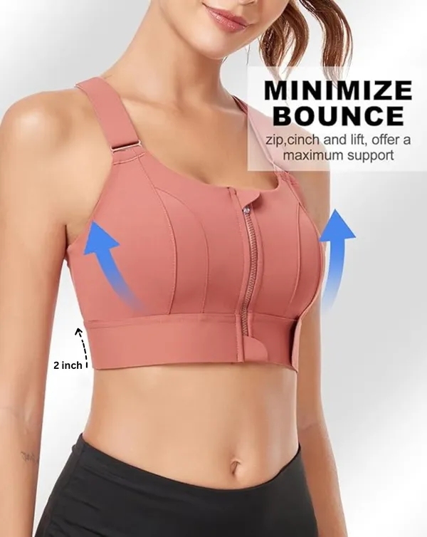 Padded_High_Impact_Front_Zip_Compression_Sports_Bra_Criss_Cross_Back_Adjustable_Velcro_Strap