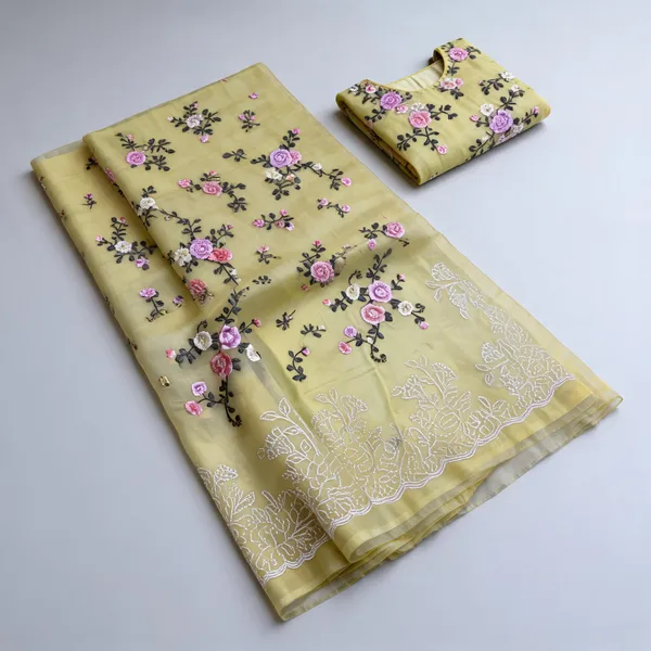 Olive_Green_Embroidery_Organza_Saree_With_Blouse_Piece_For_Women