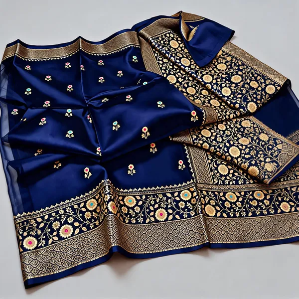 Navy_Blue_Organza_Saree_With_Blouse_Piece_For_Women