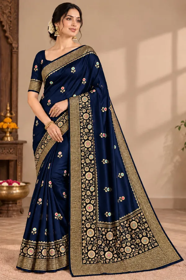 Navy_Blue_Organza_Saree_With_Blouse_Piece_For_Women