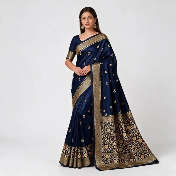 Navy_Blue_Organza_Saree_With_Blouse_Piece_For_Women