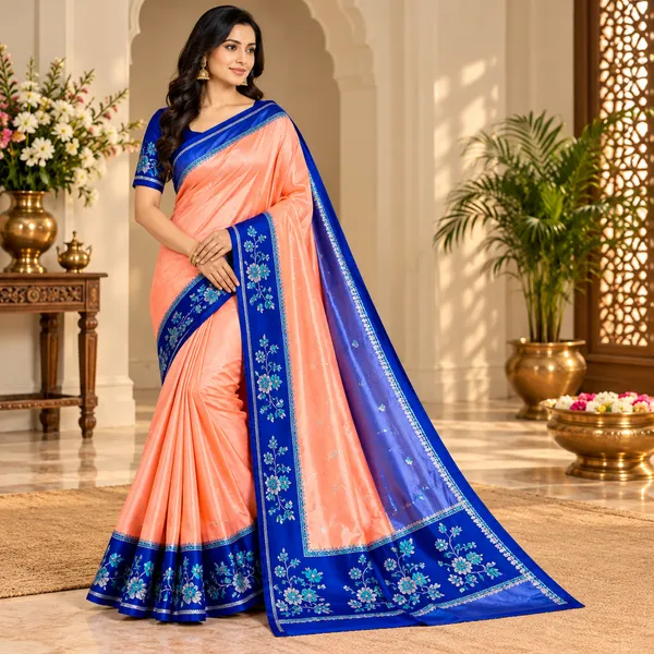 Peach_Raw_Mango_Silk_Saree_With_Blouse_Piece_For_Women