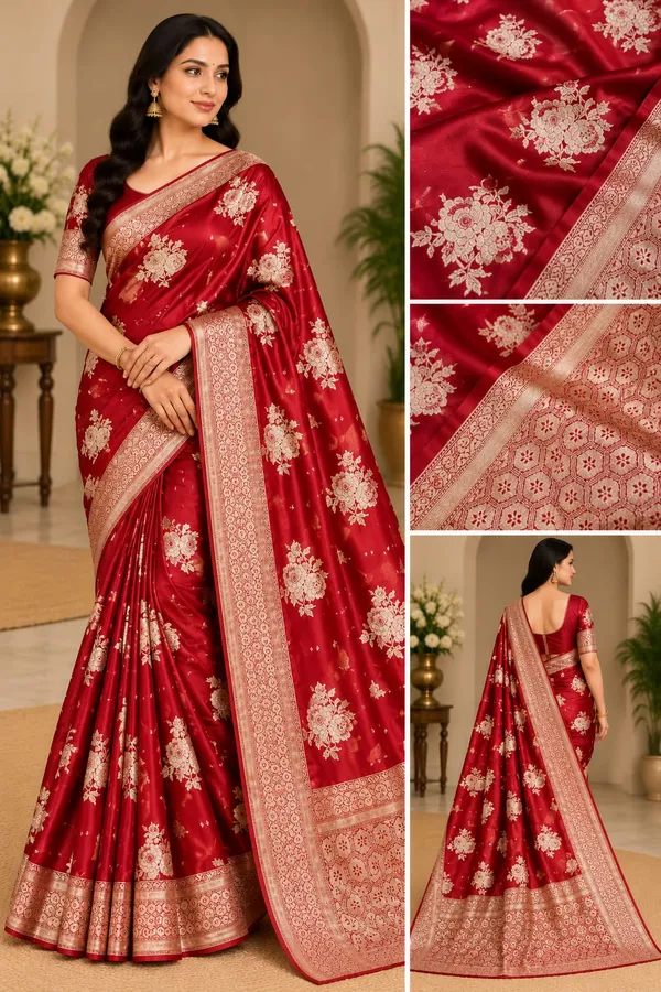 Red_Mashru_Silk_Saree_With_Blouse_Piece_For_Women