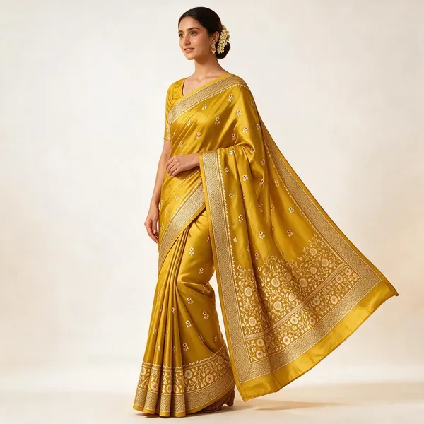 Mustard_Organza_Saree_With_Blouse_Piece_For_Women