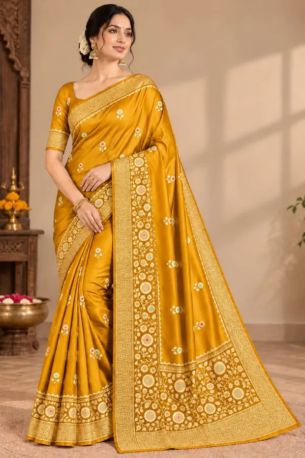 Mustard_Organza_Saree_With_Blouse_Piece_For_Women
