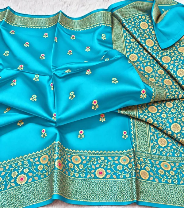 Turquoise_Organza_Saree_With_Blouse_Piece_For_Women