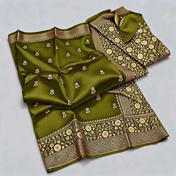 Olive_Green_Organza_Saree_With_Blouse_Piece_For_Women