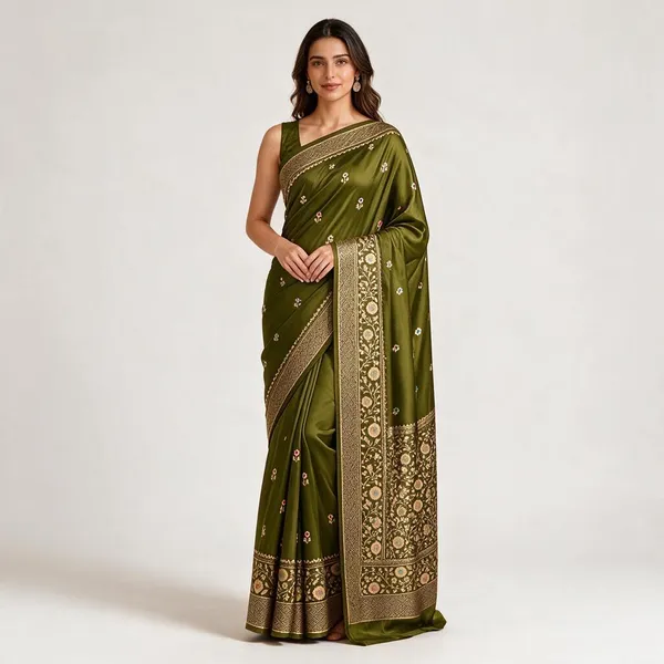 Olive_Green_Organza_Saree_With_Blouse_Piece_For_Women
