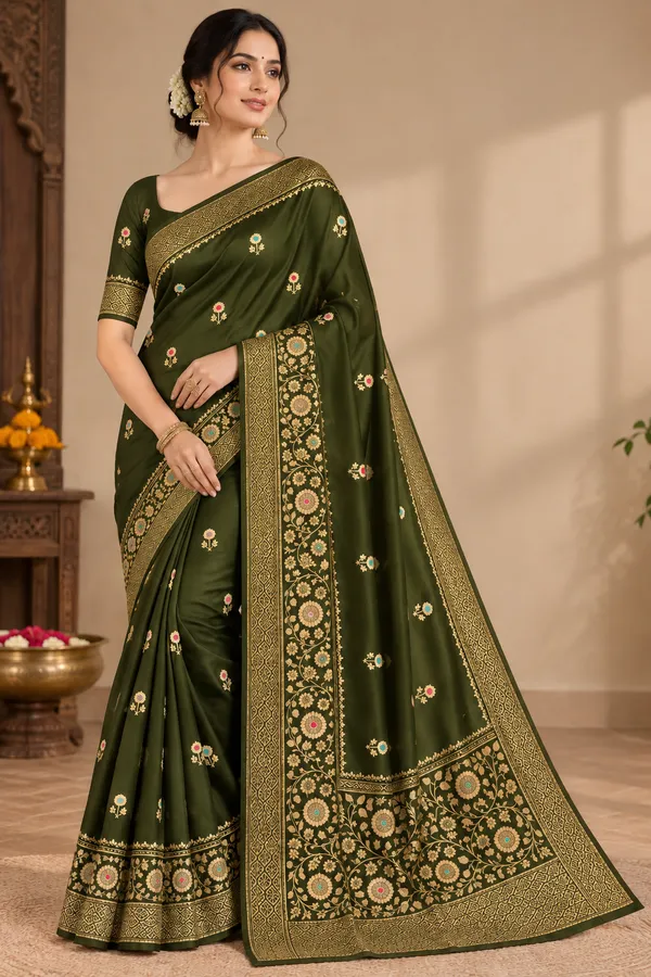 Olive_Green_Organza_Saree_With_Blouse_Piece_For_Women