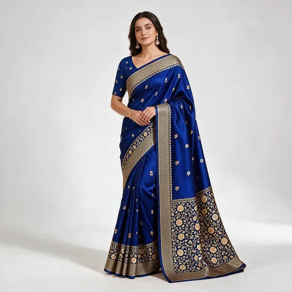 Blue_Organza_Saree_With_Blouse_Piece_For_Women