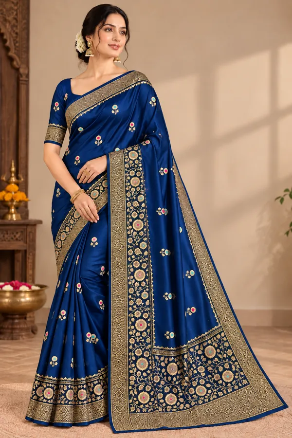 Blue_Organza_Saree_With_Blouse_Piece_For_Women