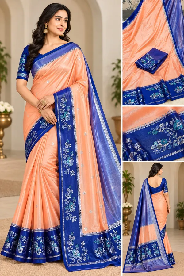 Peach_Raw_Mango_Silk_Saree_With_Blouse_Piece_For_Women
