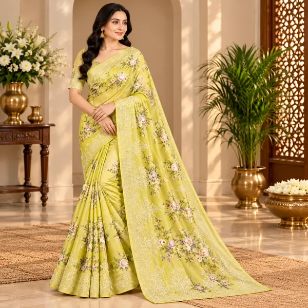 Lime_Green_Embroidery_Organza_Saree_With_Blouse_Piece_For_Women