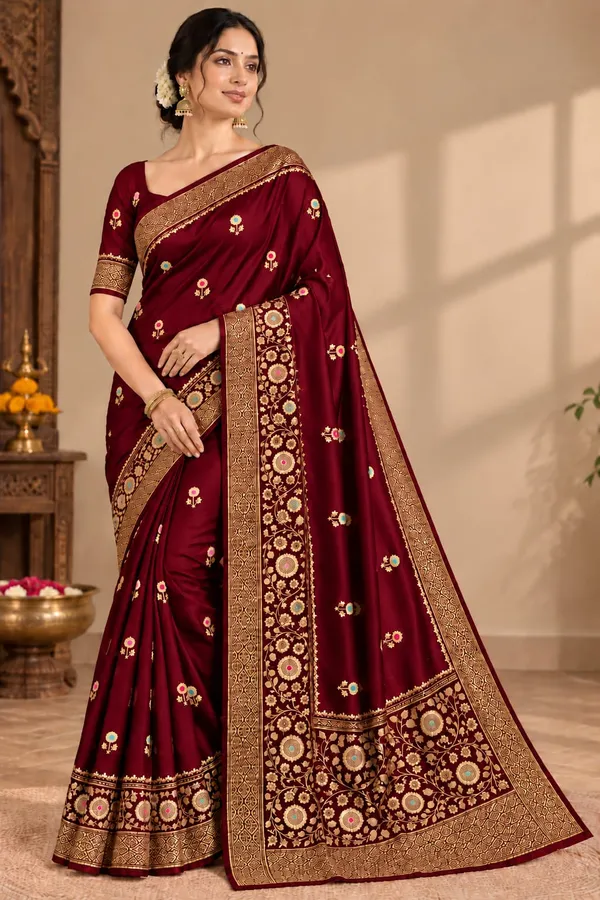 Maroon_Organza_Saree_With_Blouse_Piece_For_Women