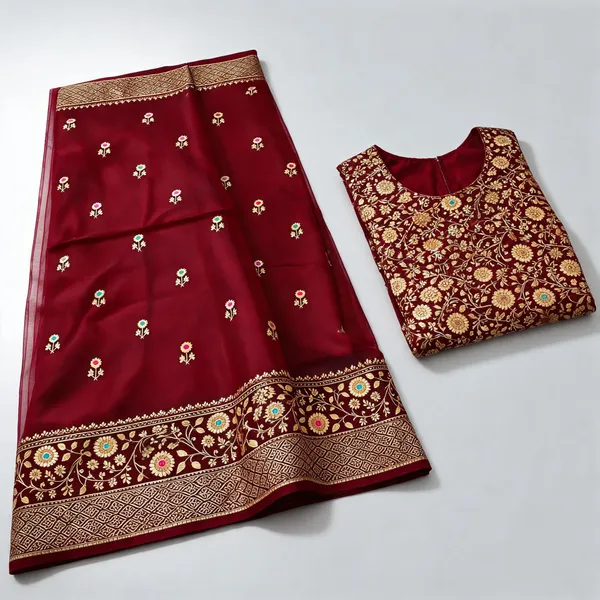 Maroon_Organza_Saree_With_Blouse_Piece_For_Women