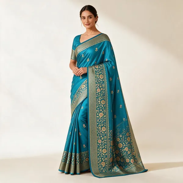 Turquoise_Organza_Saree_With_Blouse_Piece_For_Women