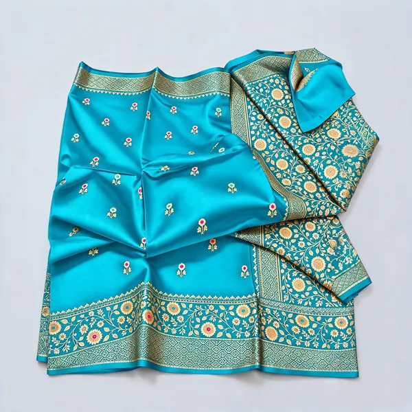 Turquoise_Organza_Saree_With_Blouse_Piece_For_Women