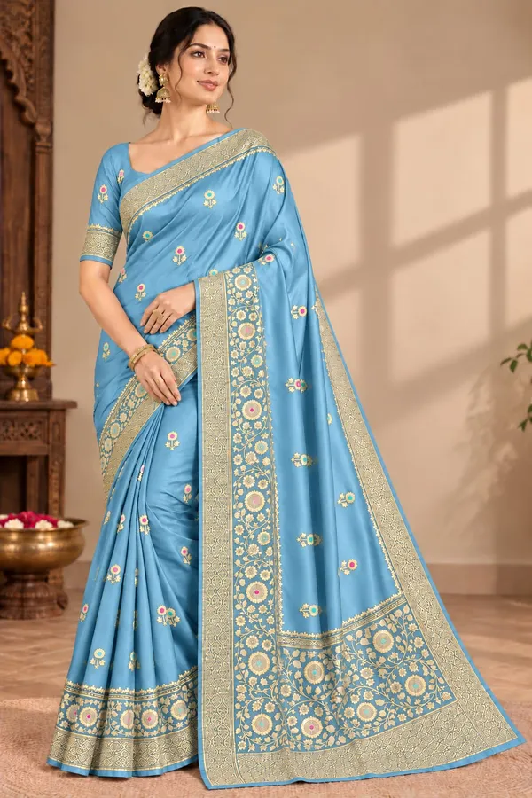 Turquoise_Organza_Saree_With_Blouse_Piece_For_Women