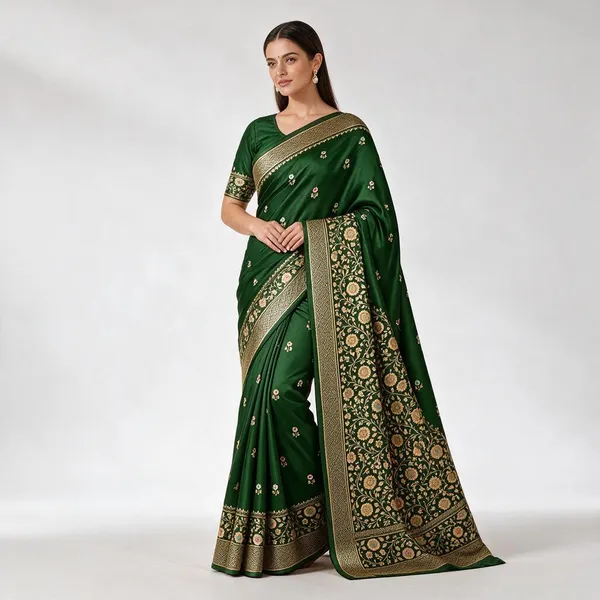 Green_Organza_Saree_With_Blouse_Piece_For_Women