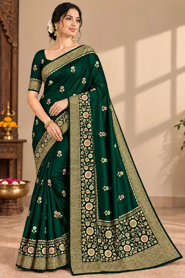 Green_Organza_Saree_With_Blouse_Piece_For_Women