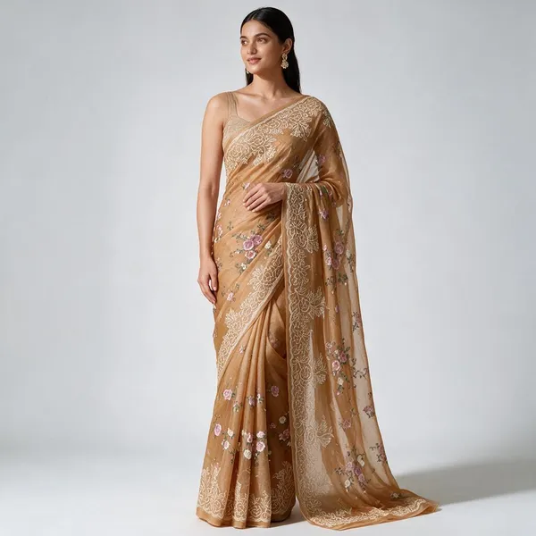 Beige_Embroidery_Organza_Saree_With_Blouse_Piece_For_Women