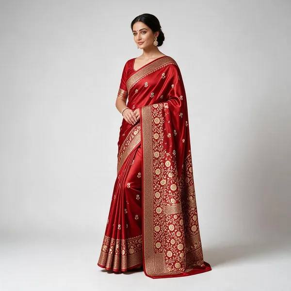 Red_Organza_Saree_With_Blouse_Piece_For_Women