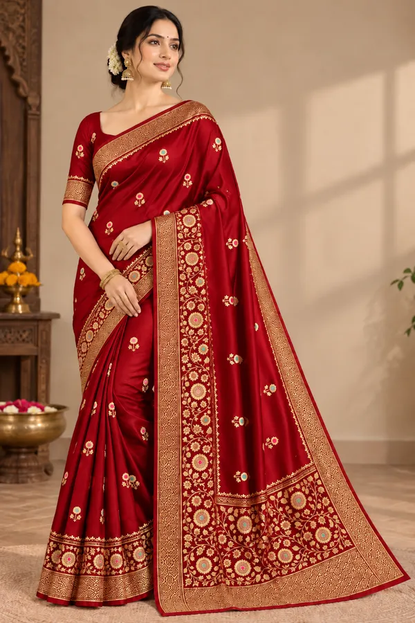 Red_Organza_Saree_With_Blouse_Piece_For_Women