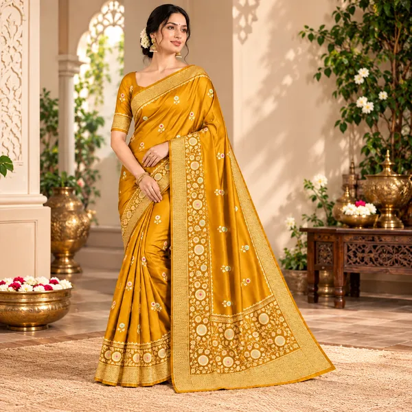 Mustard_Organza_Saree_With_Blouse_Piece_For_Women