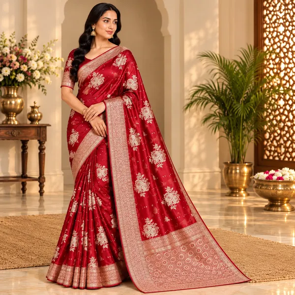 Red_Mashru_Silk_Saree_With_Blouse_Piece_For_Women