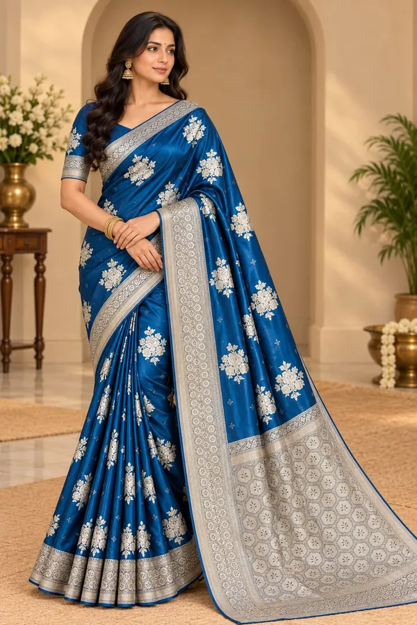 Blue_Mashru_Silk_Saree_With_Blouse_Piece_For_Women