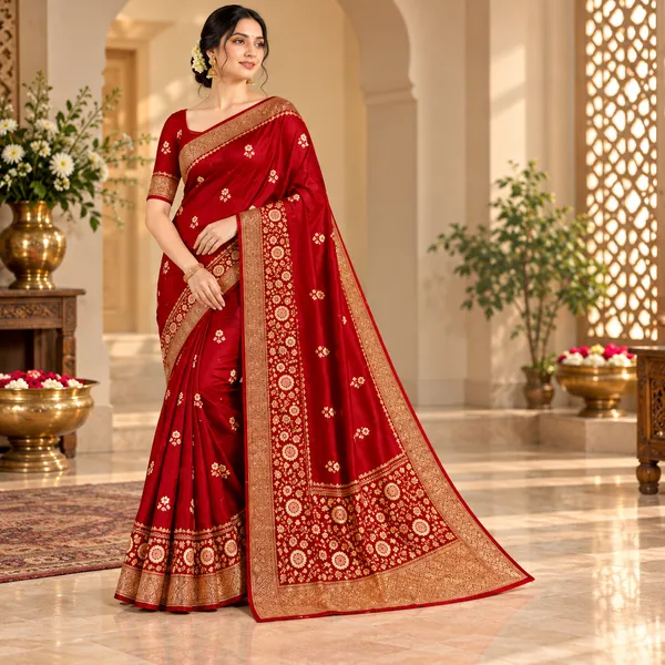 Red_Organza_Saree_With_Blouse_Piece_For_Women