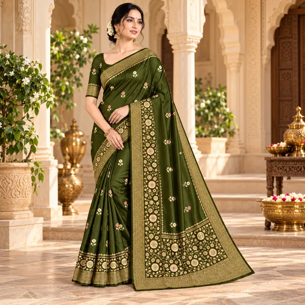 Olive_Green_Organza_Saree_With_Blouse_Piece_For_Women