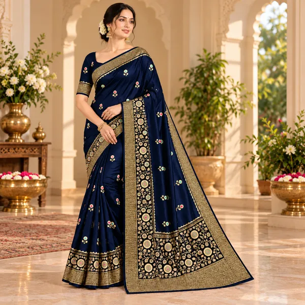 Navy_Blue_Organza_Saree_With_Blouse_Piece_For_Women