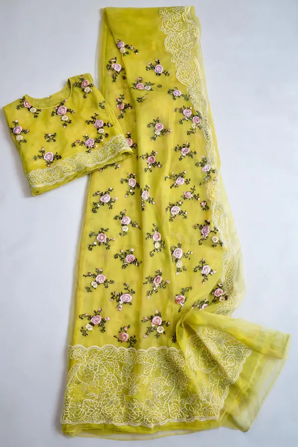 Lime_Green_Embroidery_Organza_Saree_With_Blouse_Piece_For_Women