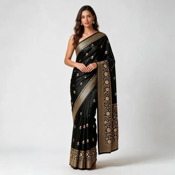 Black_Organza_Saree_With_Blouse_Piece_For_Women
