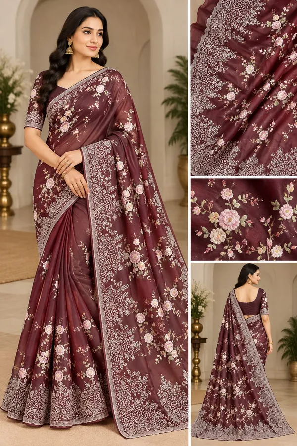 Maroon_Embroidery_Organza_Saree_With_Blouse_Piece_For_Women