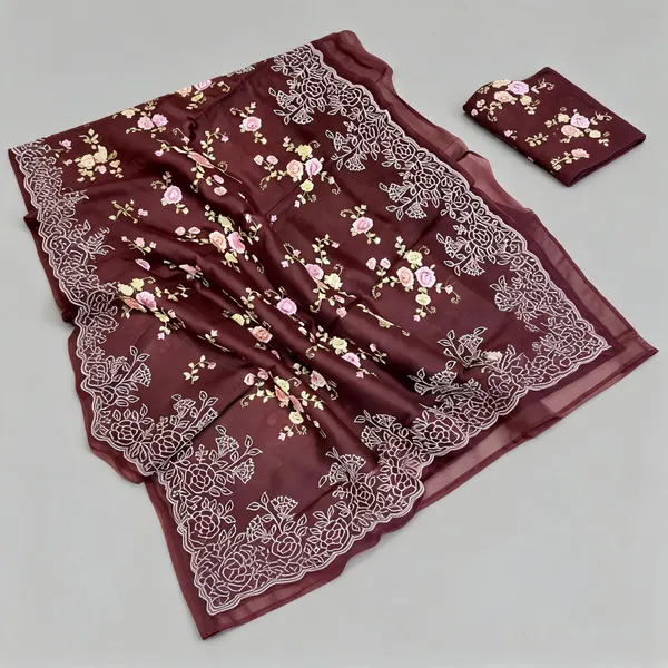 Maroon_Embroidery_Organza_Saree_With_Blouse_Piece_For_Women