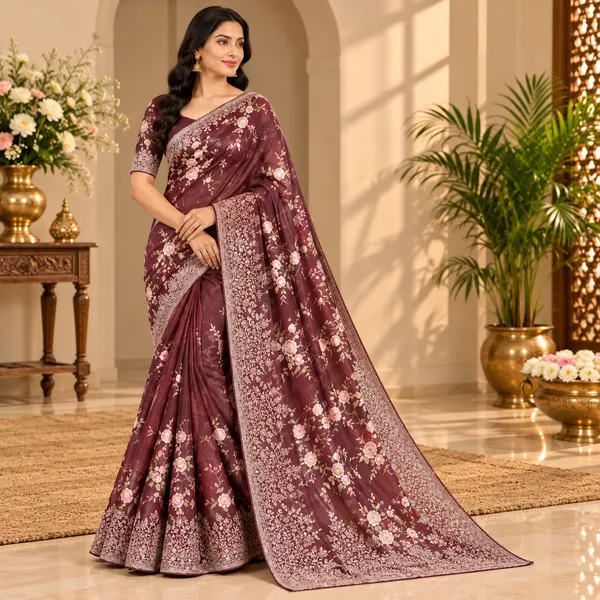 Maroon_Embroidery_Organza_Saree_With_Blouse_Piece_For_Women