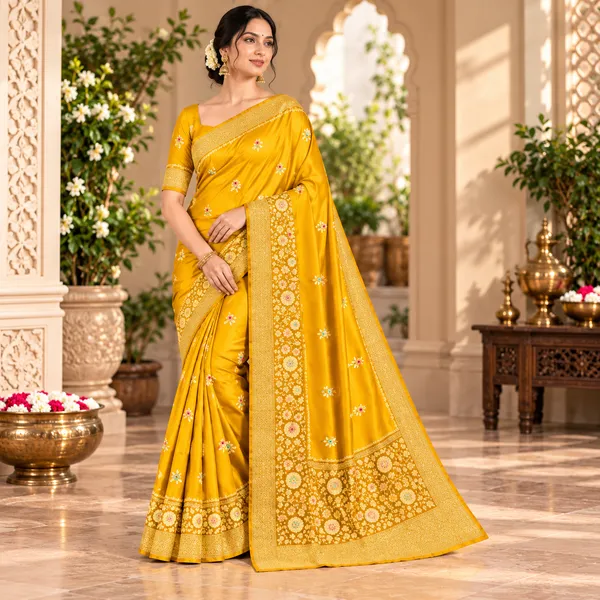 Yellow_Organza_Saree_With_Blouse_Piece_For_Women
