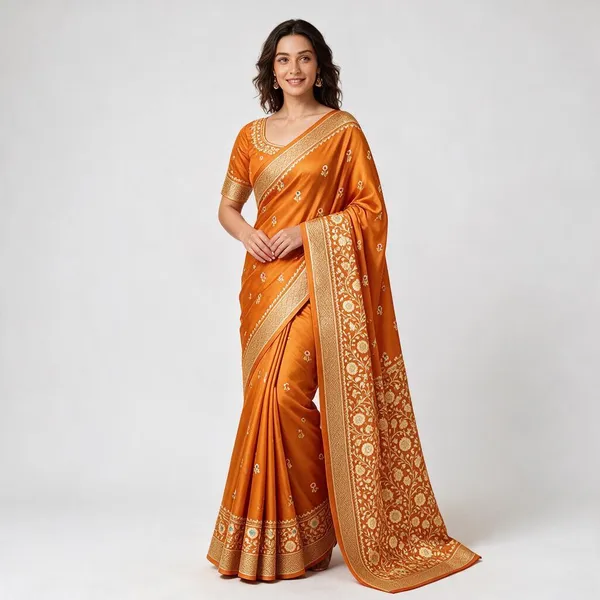 Orange_Organza_Saree_With_Blouse_Piece_For_Women
