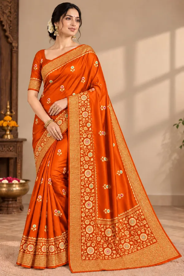 Orange_Organza_Saree_With_Blouse_Piece_For_Women
