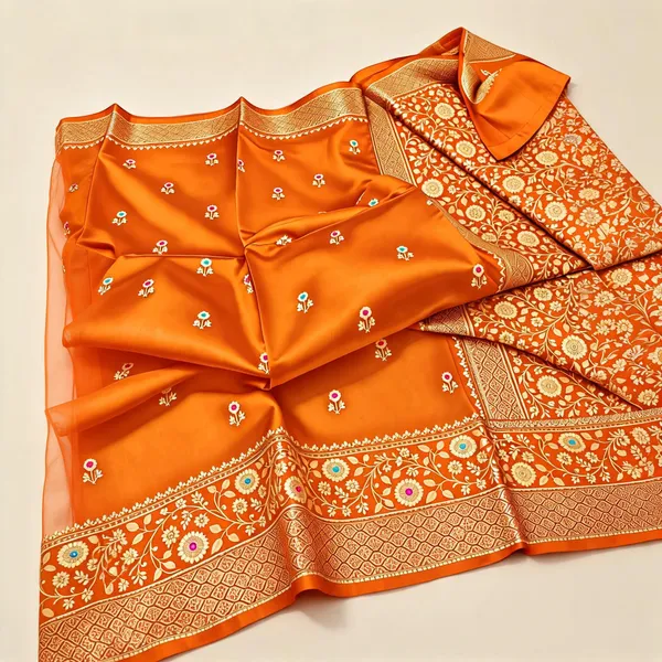 Orange_Organza_Saree_With_Blouse_Piece_For_Women