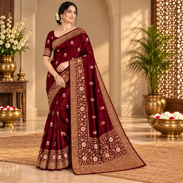 Maroon_Organza_Saree_With_Blouse_Piece_For_Women