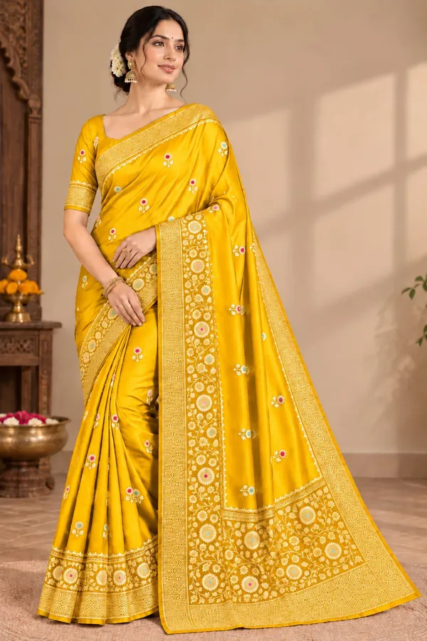 Yellow_Organza_Saree_With_Blouse_Piece_For_Women